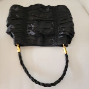 WHATS Hot In Hollywood Black Shiny Cloth Purse With Skinny Handle Fits Shoulder